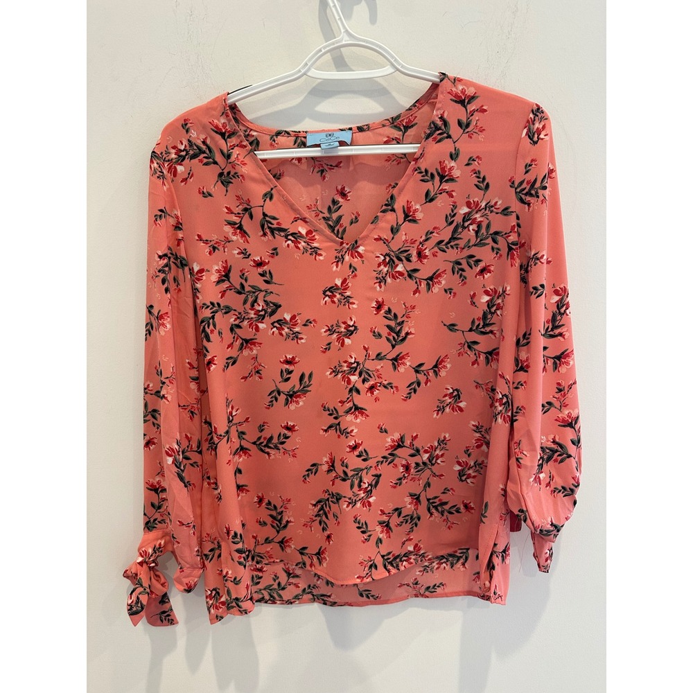 CeCe Womens Coral Pink Floral V-Neck Long Sleeve Blouse Tie Cuff Size M